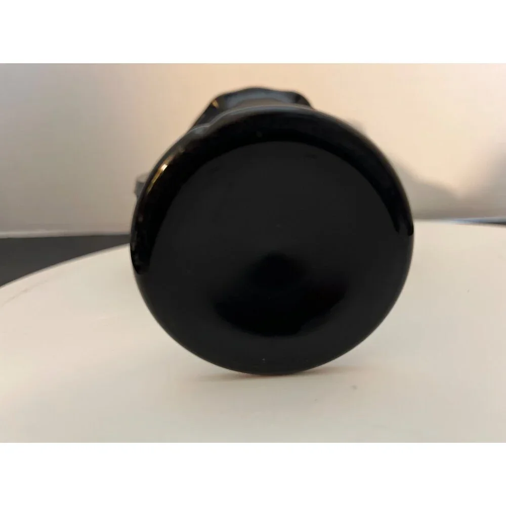 Vintage Black Glass Trophy Vase 2 Handles Round Base Ruffled Top 5 3/4” High